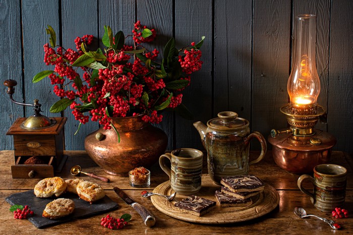 Still-life with Kerosene lamp, Sorbus, Pastry, Knife, Vase, Mug, Spoon