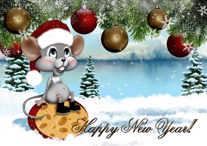 Cute Mouse in Santa Hat on Cheese with Christmas Decorations