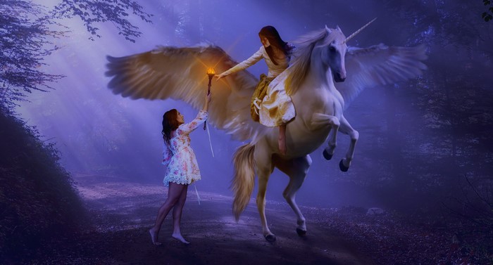 Pegasus with rider and woman with torch in foggy forest