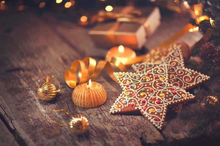 Christmas star cookies with candles and ornaments
