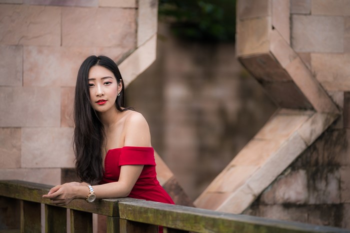 4K Portrait of Asian Brunette Woman in Red Dress
