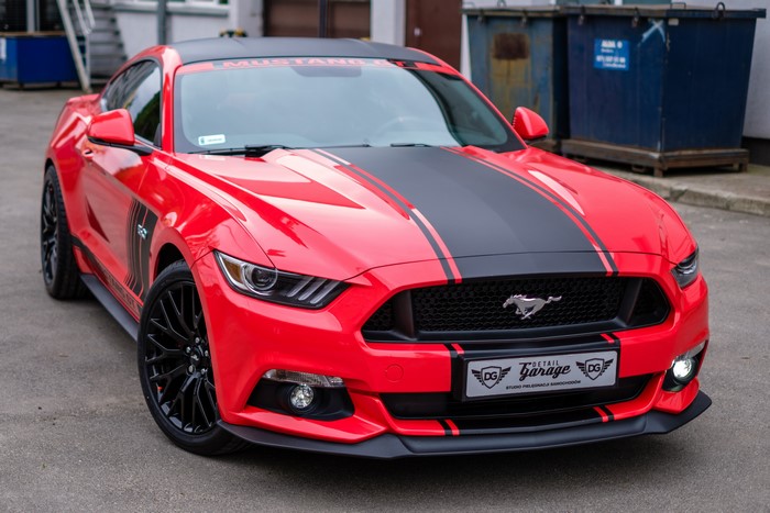 Red Ford Mustang GTR with Black Racing Stripes 4K