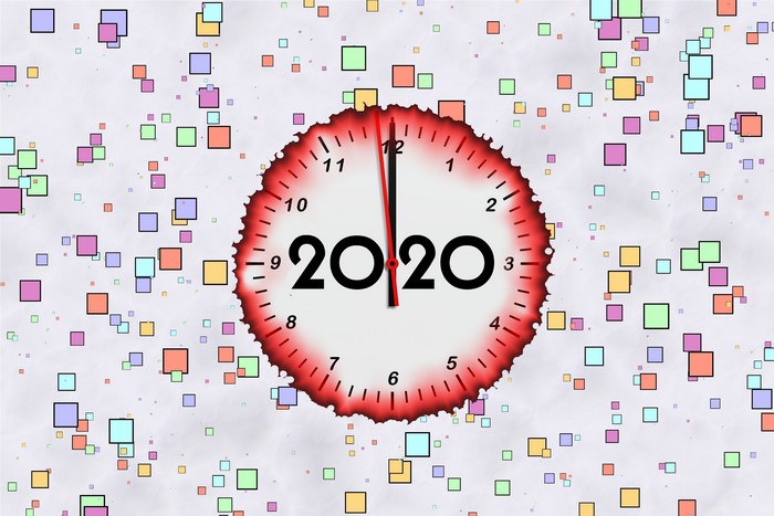 Clock showing 2020 with confetti