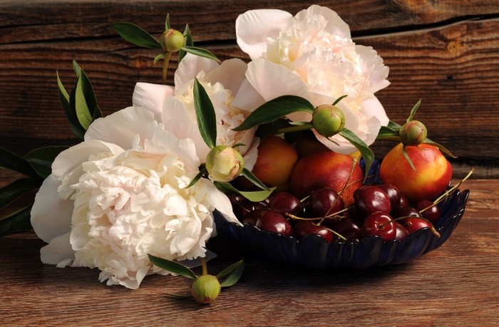 Still life of peonies and fruit