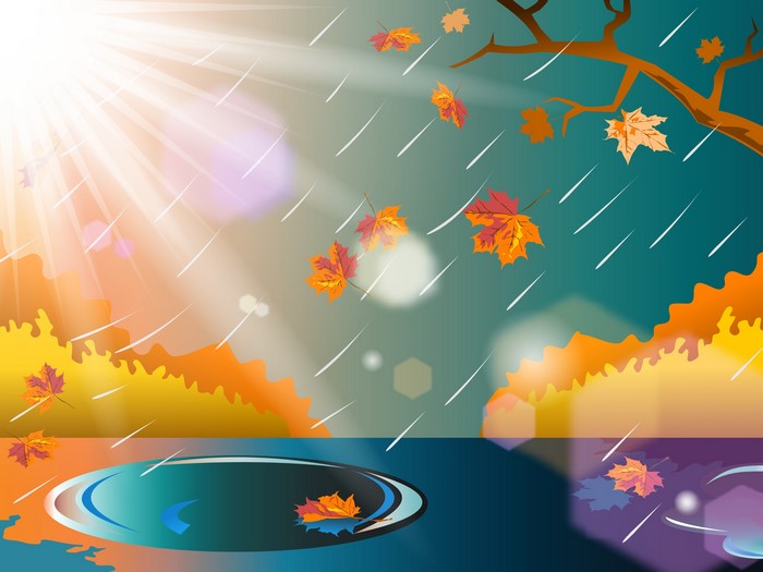 Autumn rain with sunbeams and falling leaves