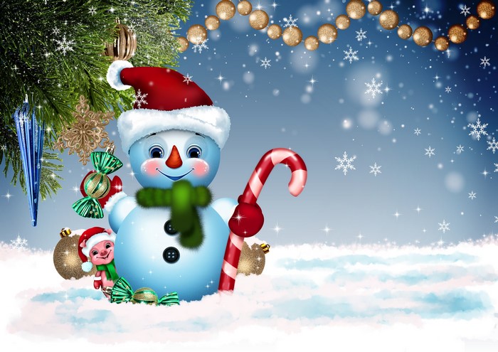 4K Christmas Snowman with Candy Cane and Ornaments