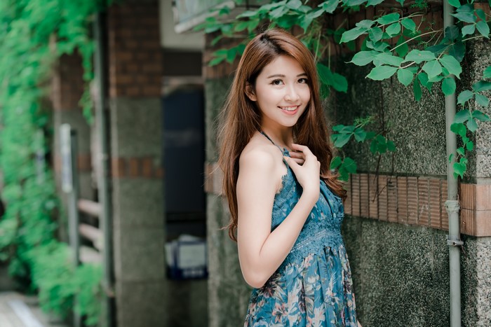 4K Asian Woman Smiling in Floral Dress