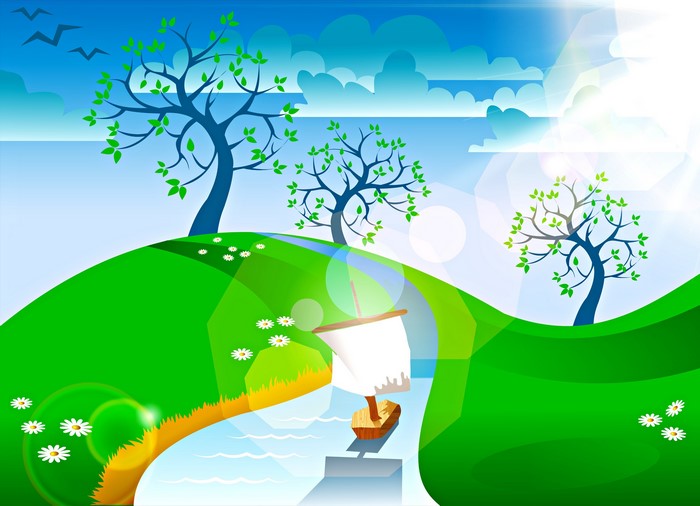 Vector illustration of a summer landscape with trees and a sailboat