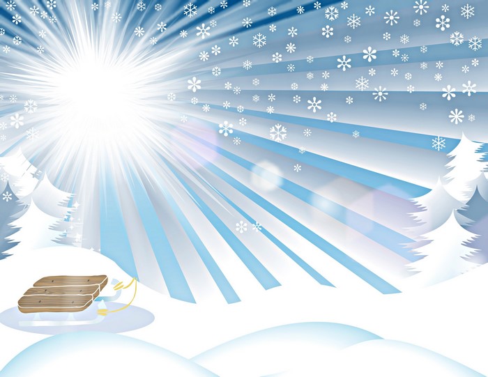 Winter scene with sled and sun rays