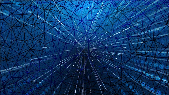 Abstract blue geometric network with light streaks