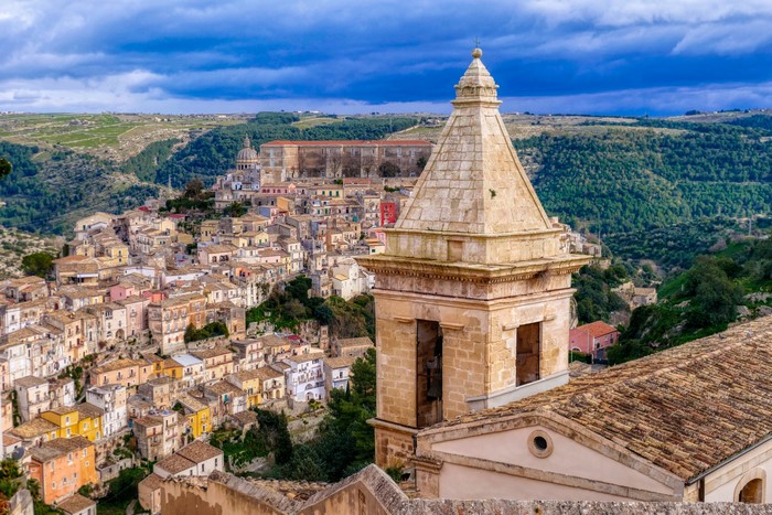 View of Ragusa, Sicily, Italy from above with bell tower
