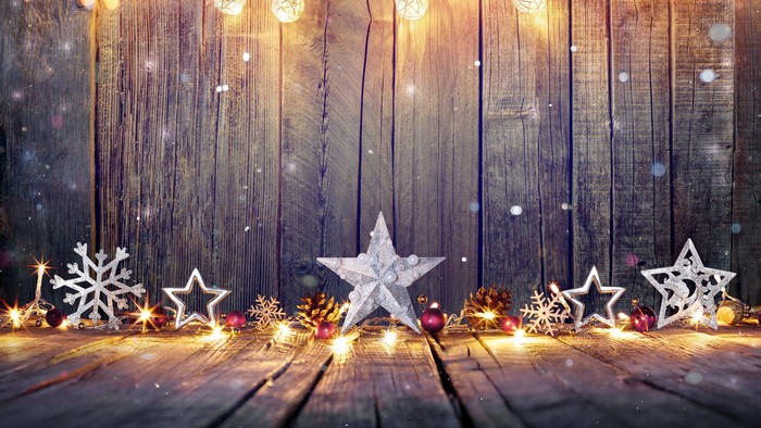 Christmas Decorations on Wooden Planks with Lights