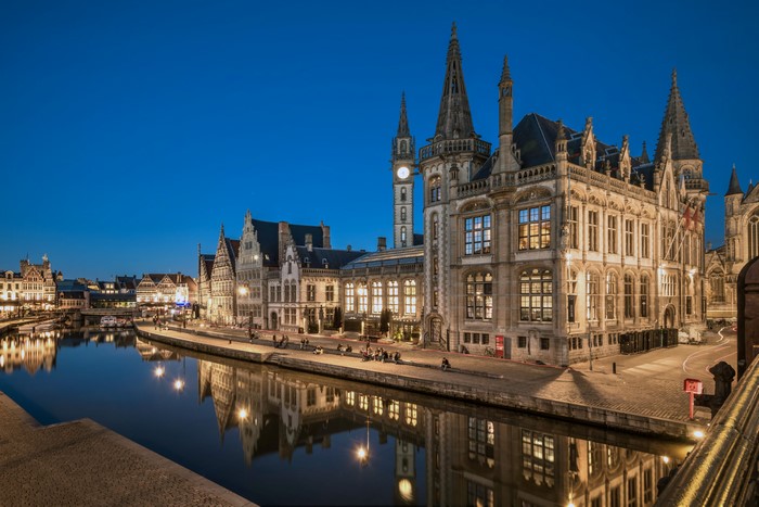 Ghent Belgium Canal Waterfront at Night