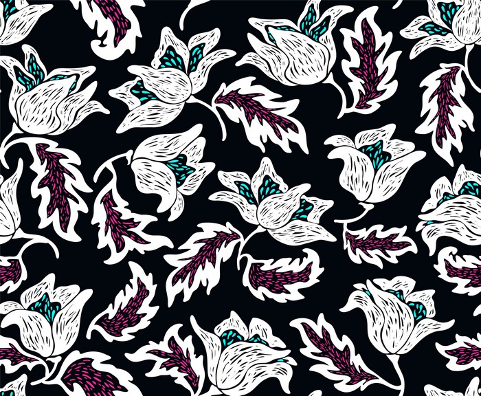 Floral pattern with white flowers and purple leaves