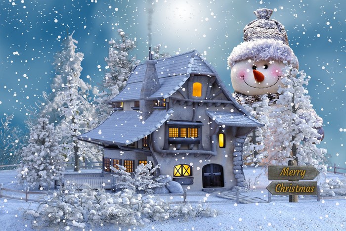 4K Winter Christmas Scene with Snowmen and Trees