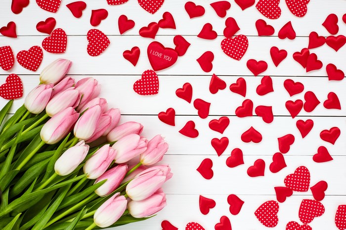 Pink Tulips and Red Hearts on White Wood