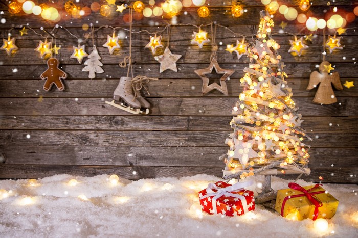 Christmas tree with fairy lights and decorations
