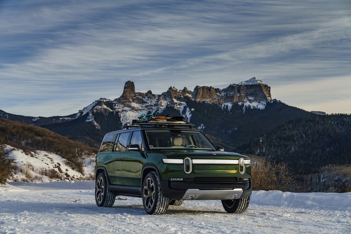 2019 Rivian R1S SUV in snowy mountains