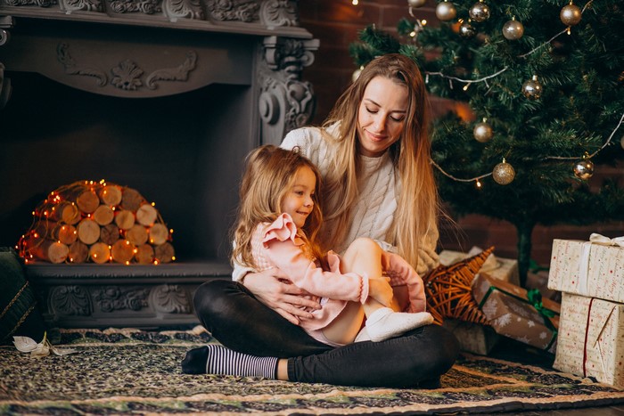 Mother and daughter by fireplace and Christmas tree