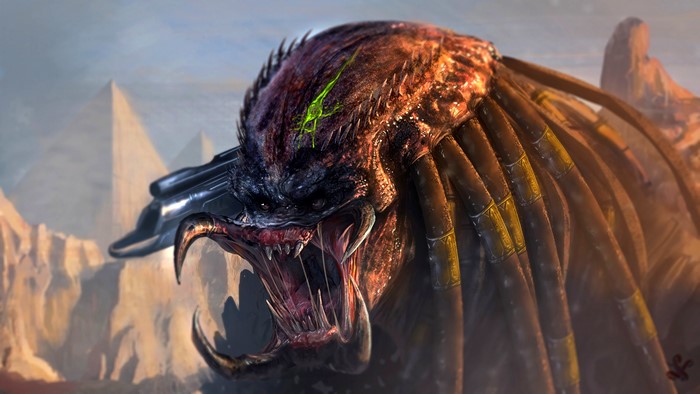 Predator roaring in a desert landscape with pyramids