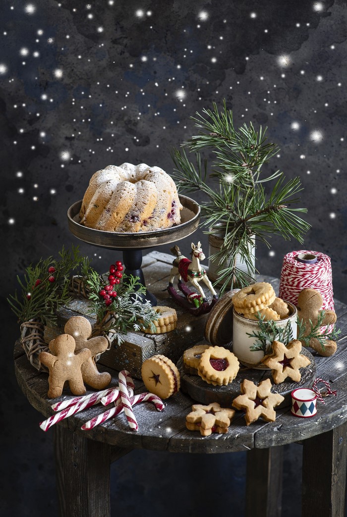 Christmas still-life with bundt cake and cookies