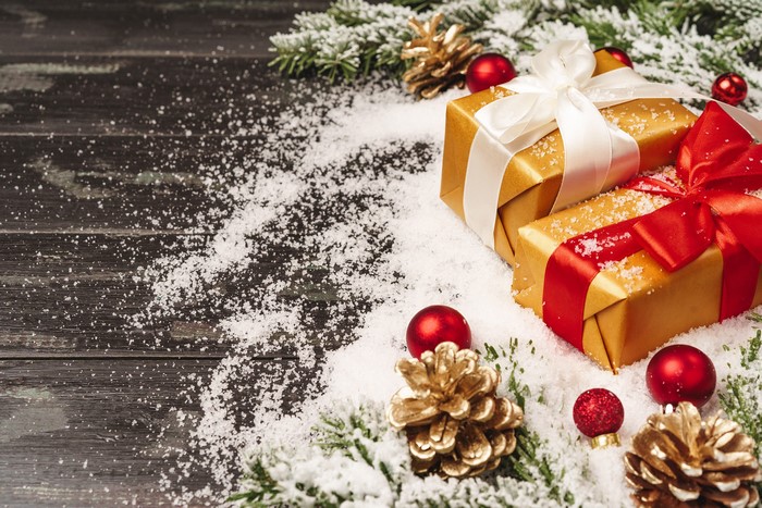 Christmas Gifts with Pine Cones and Ornaments