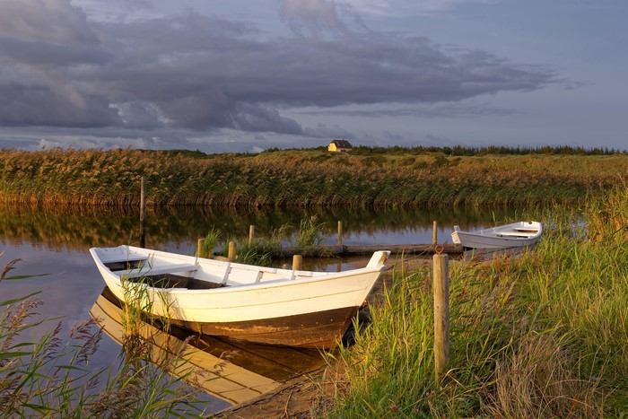 Boats on a calm river with reeds and a house in the distance