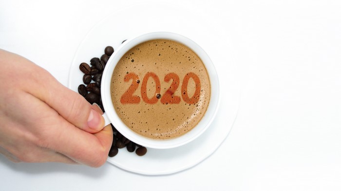 Coffee cup with 2020 design and coffee beans