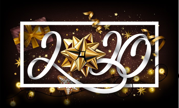 2020 New Year celebration with fairy lights and gifts