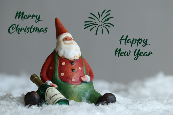 Santa Claus with Champagne Bottle and Fireworks