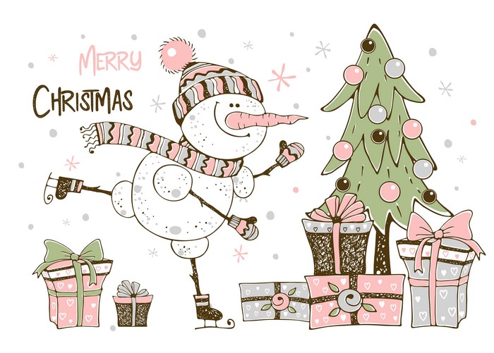 Merry Christmas Snowman with Gifts and Tree
