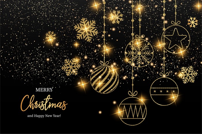 Merry Christmas and Happy New Year Gold Lettering with Ornaments