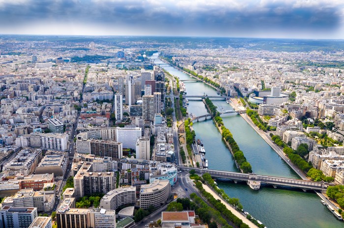 Aerial view of Paris and the Seine River