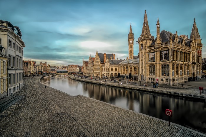 Ghent Belgium Canal with Historic Buildings