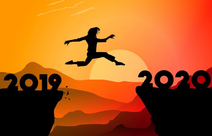 Silhouette jumping from 2019 to 2020 at sunset