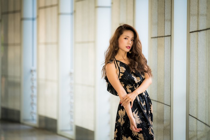 4K Asian Woman in Black Floral Dress
