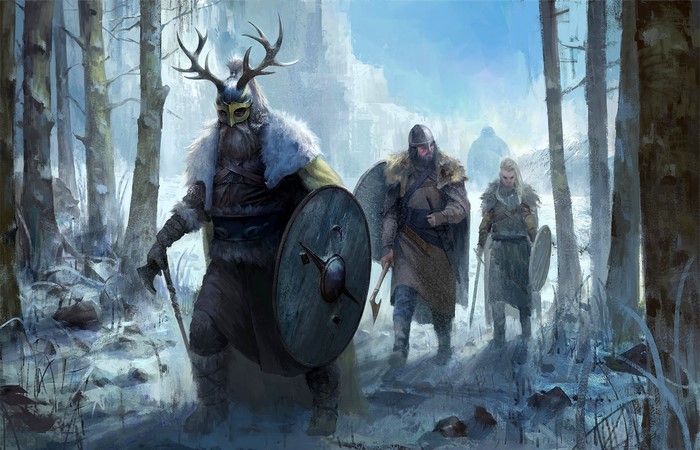 Viking Warriors in Winter Forest