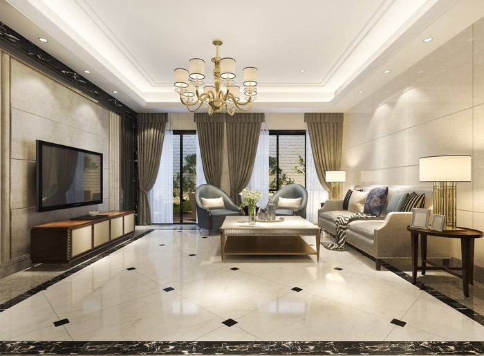 Luxurious living room with sofa, chandelier, and TV