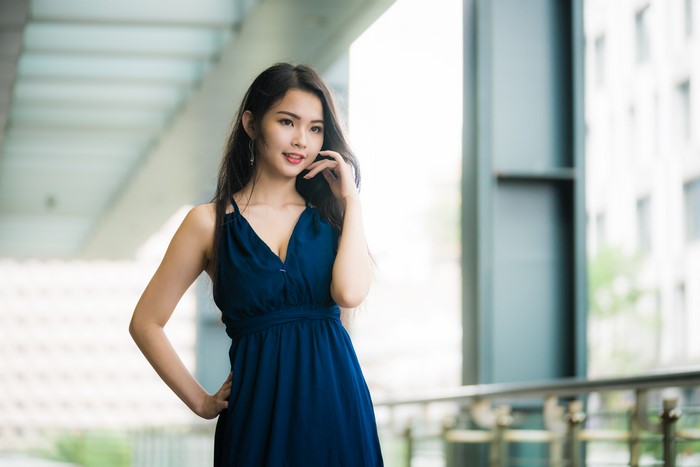 4K Asian Woman in Blue Dress with Bokeh