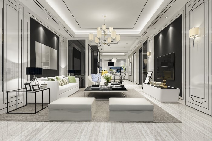 Modern living room with white sofa and chandelier