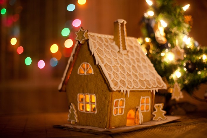 Gingerbread House with Christmas Tree and Lights