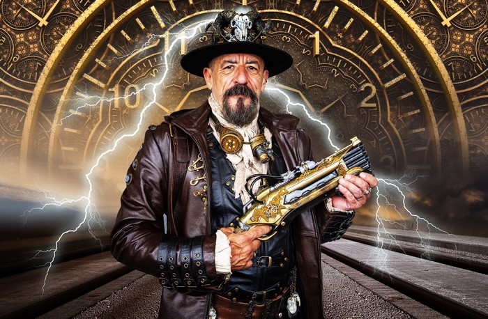Steampunk Man with Pistol and Clock Background