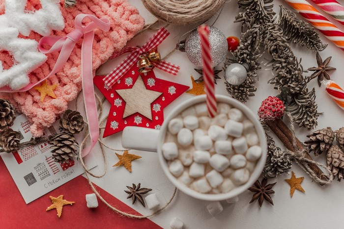 Christmas still life with hot chocolate and decorations