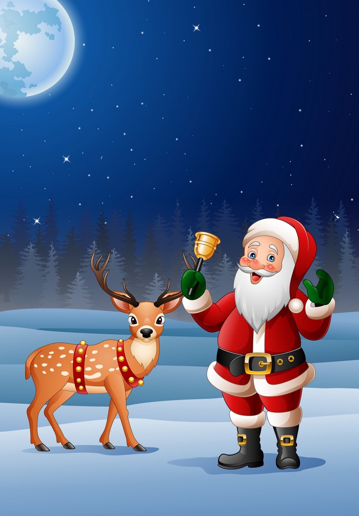 Santa Claus and Deer with Bell in Snowy Night