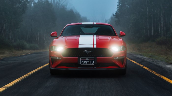 Red 2018 Ford Mustang GT with White Stripes
