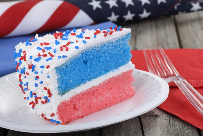 Slice of Red, White, and Blue Cake with Sprinkles