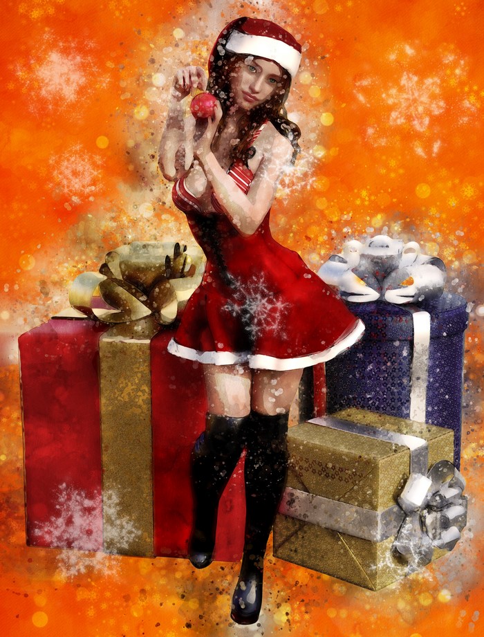 Woman in Santa outfit with Christmas gifts