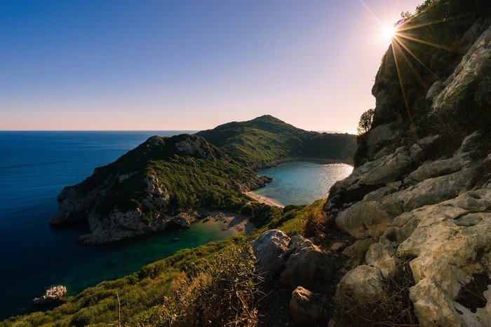 4K Korfu Greece Coastline with Sun Rays