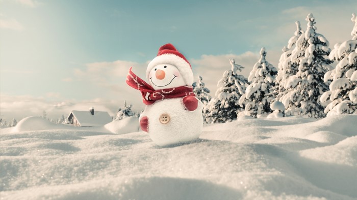 Snowman with Santa hat and scarf in winter landscape
