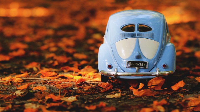 Blue Volkswagen toy car on autumn leaves